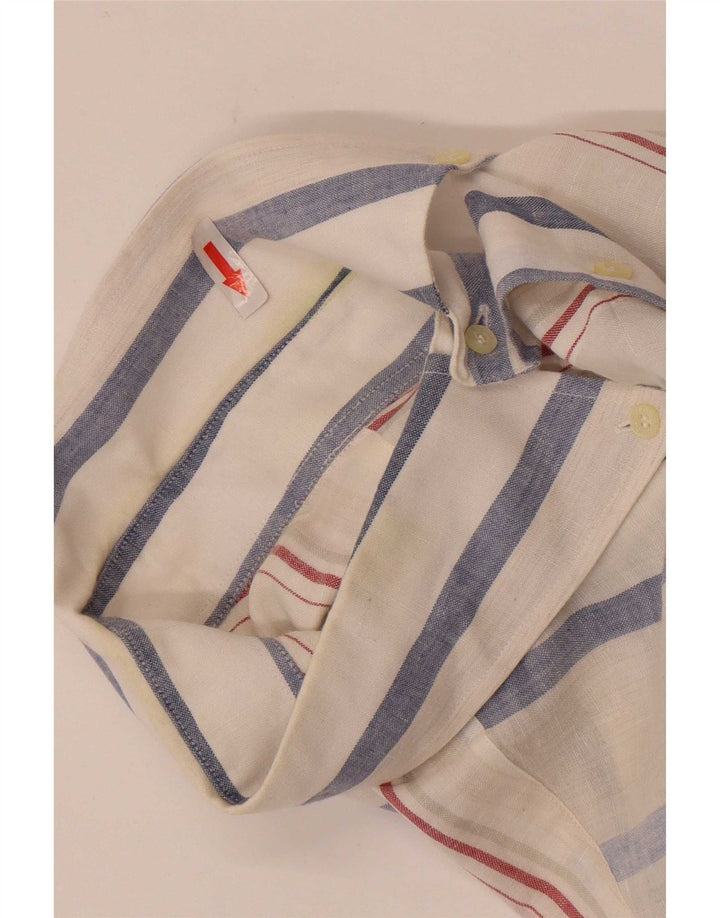 Lacoste Herren-Kurzarmhemd, Größe 42, großes, weiß gestreiftes Leinen