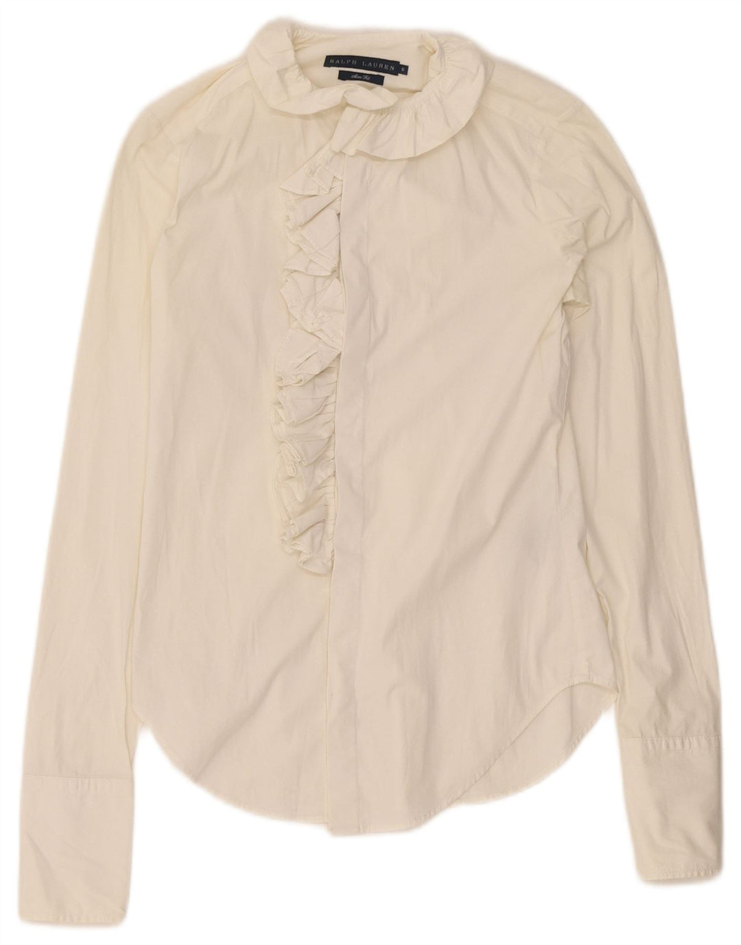 Ralph Lauren Damen-Hemd mit Rüschen vorne, US 6, mittelweiße Baumwolle