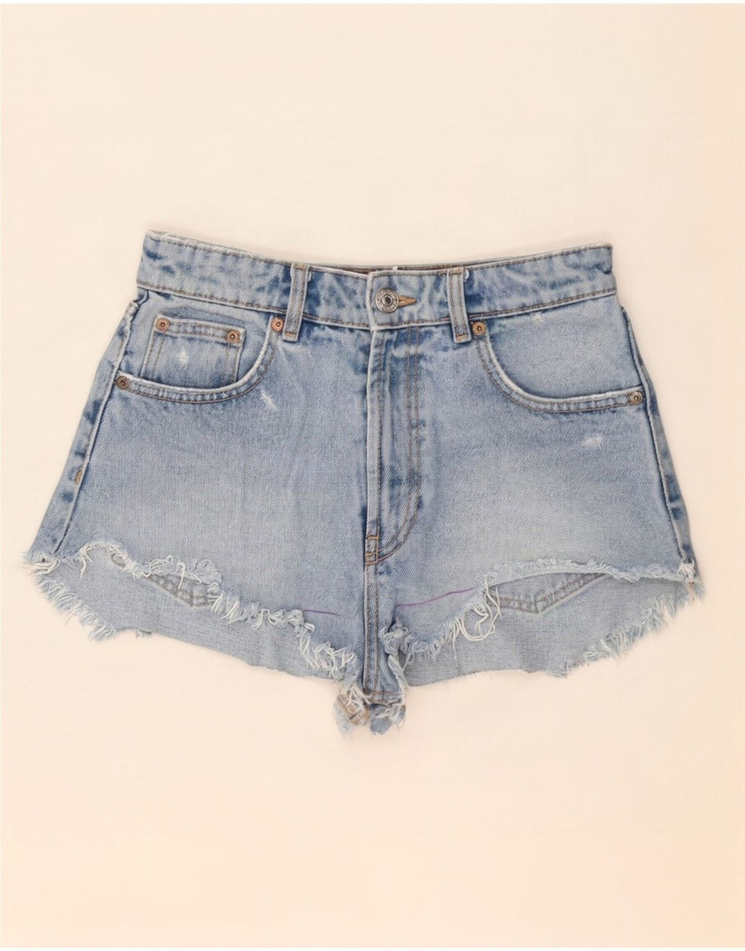 Vintage Damen Distressed Denim Shorts Klein W26 Blau