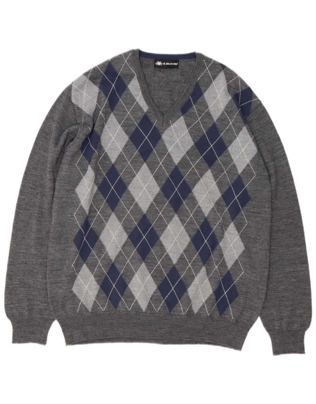 Il Granchio Herren-Pullover mit V-Ausschnitt, groß, graue Argyle-/Diamantwolle