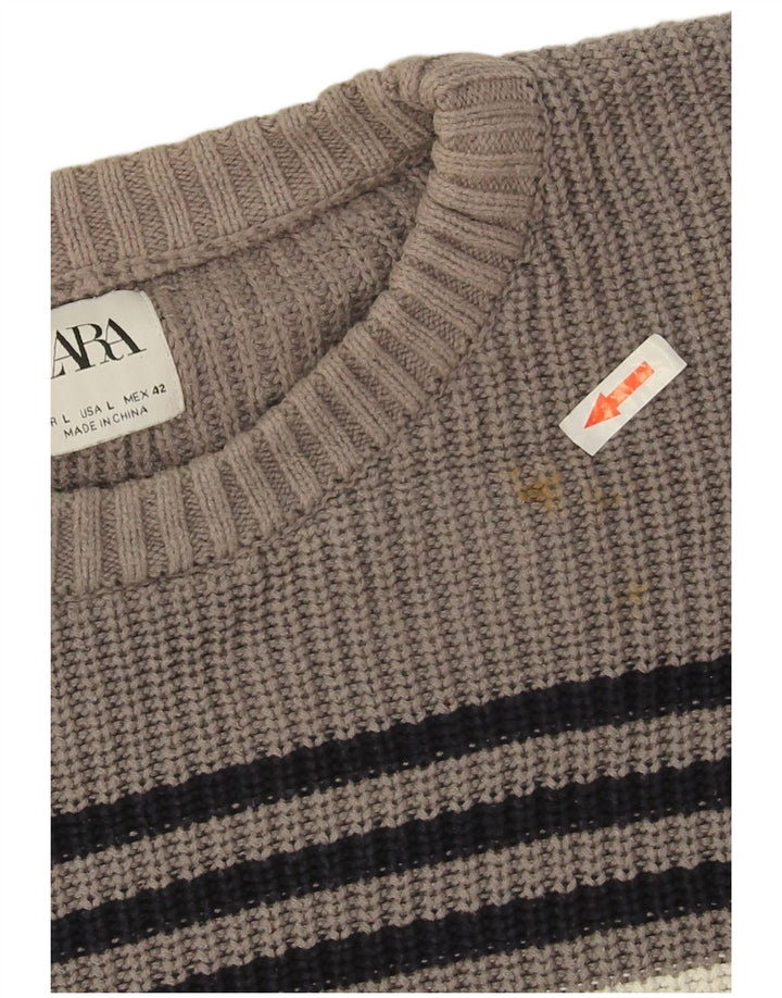 Zara Herren-Pullover mit Rundhalsausschnitt, groß, grau gestreift