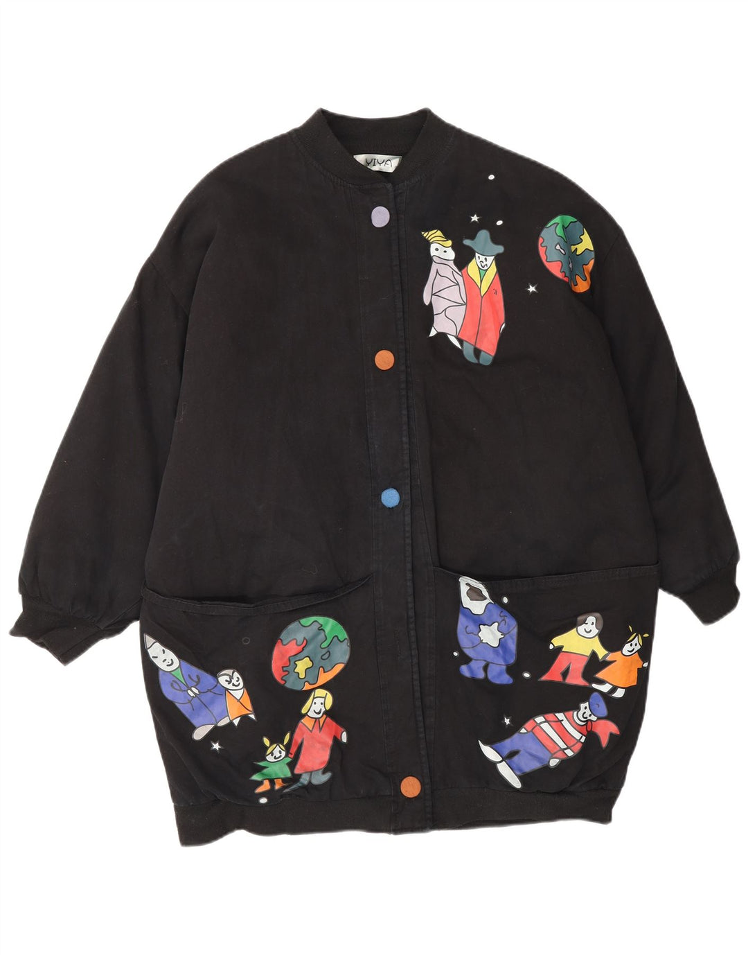 Vintage Womens Graphic Oversized Bomberjacke UK 18 XL Schwarz