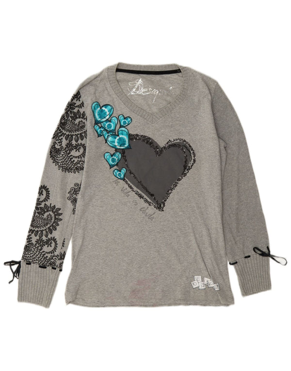 Desigual Womens Graphic Top Langarm UK 14 Große graue Paisley-Baumwolle