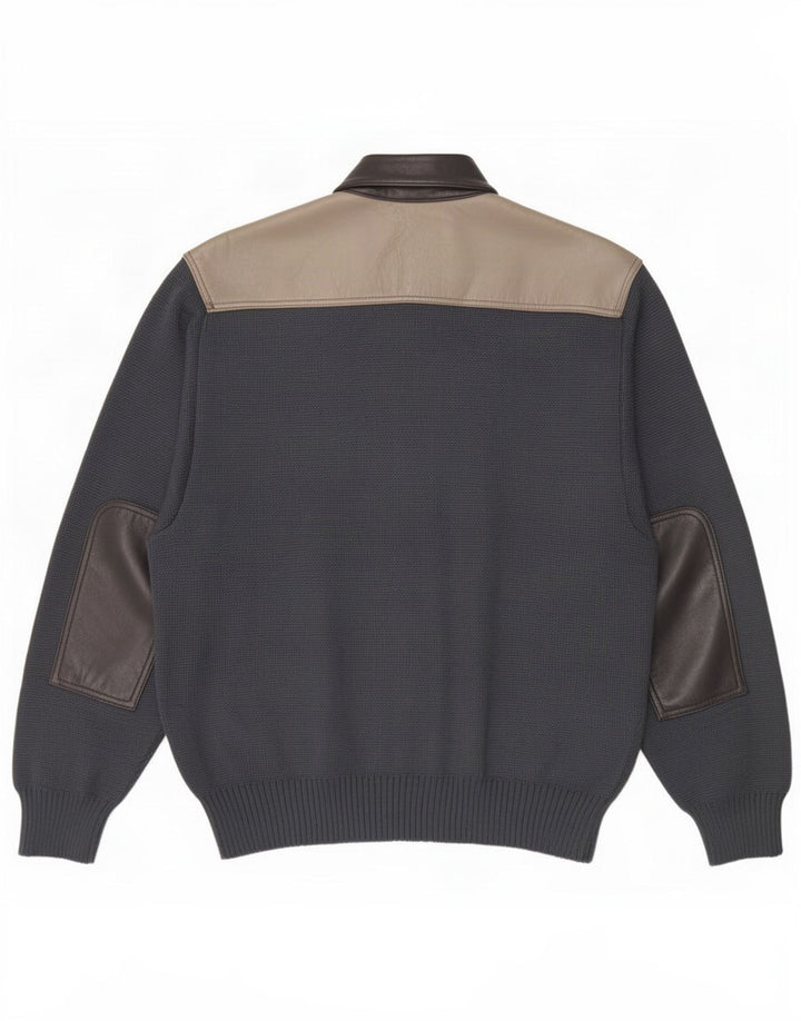 Vintage Herren-Cardigan-Pullover, großes graues Colourblock-Leder