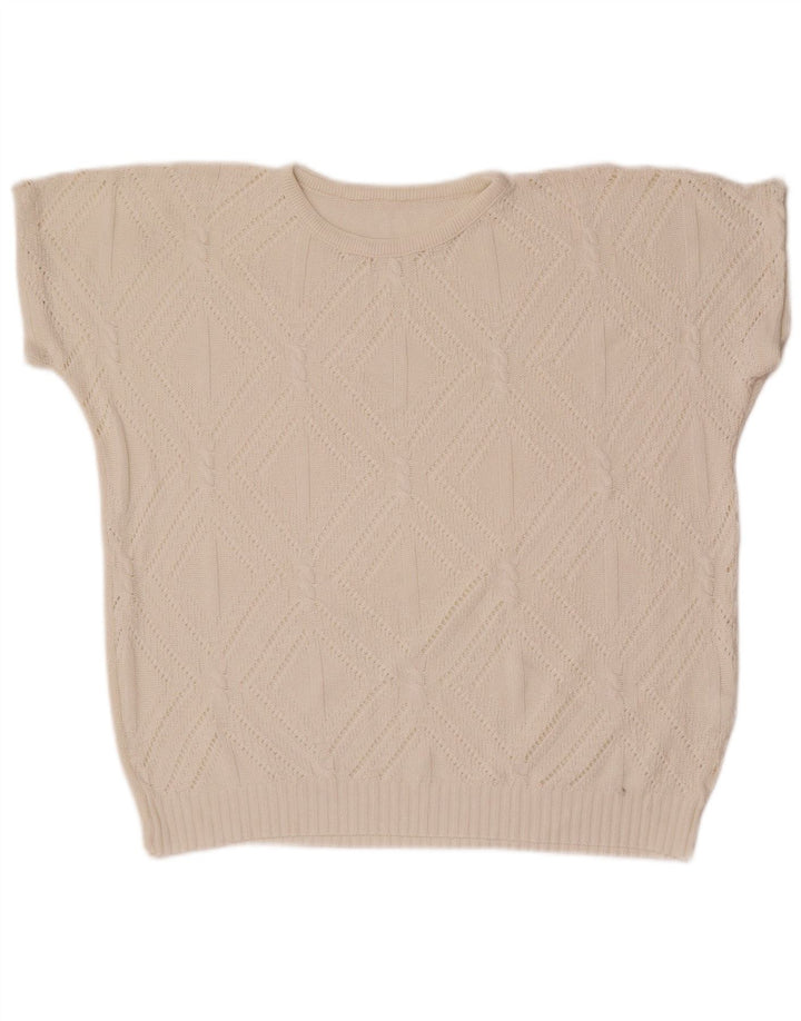 Vintage Damen Rundhalspullover Pullover UK 14 Mittelweiß Geometrisch