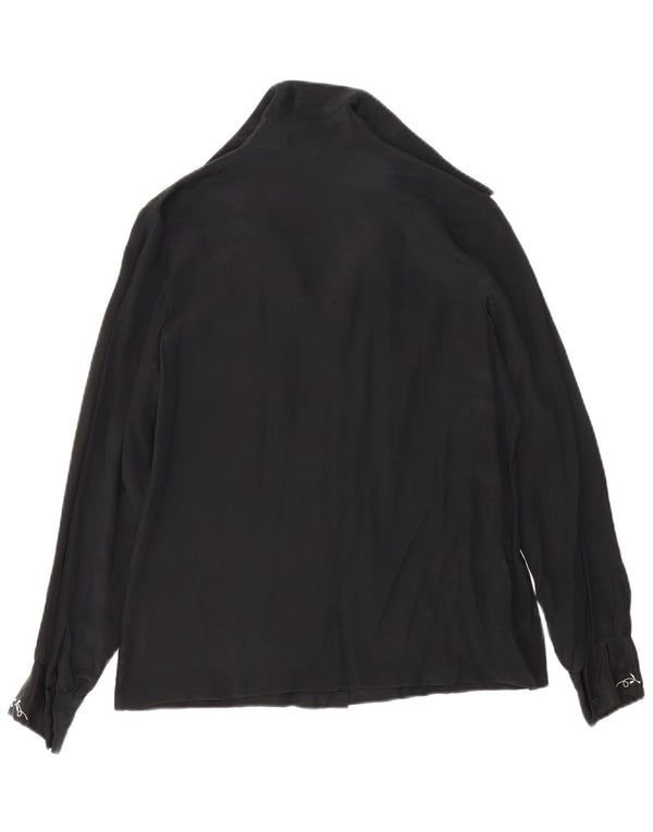 Vintage Damen Hemdbluse UK 14 Mittelschwarze Blumenseide