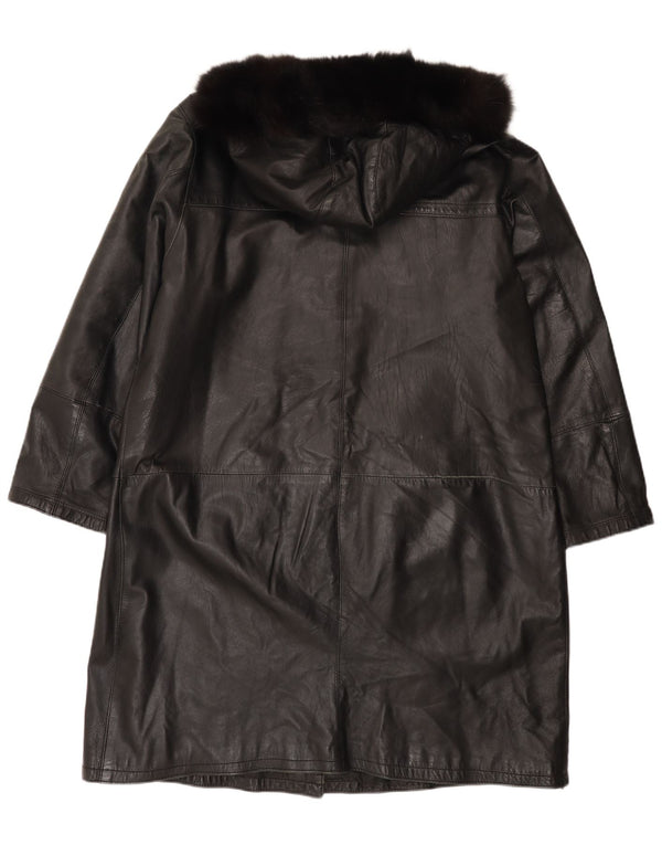 Vintage Damen Ledermantel mit Kapuze IT 48 XL Schwarz