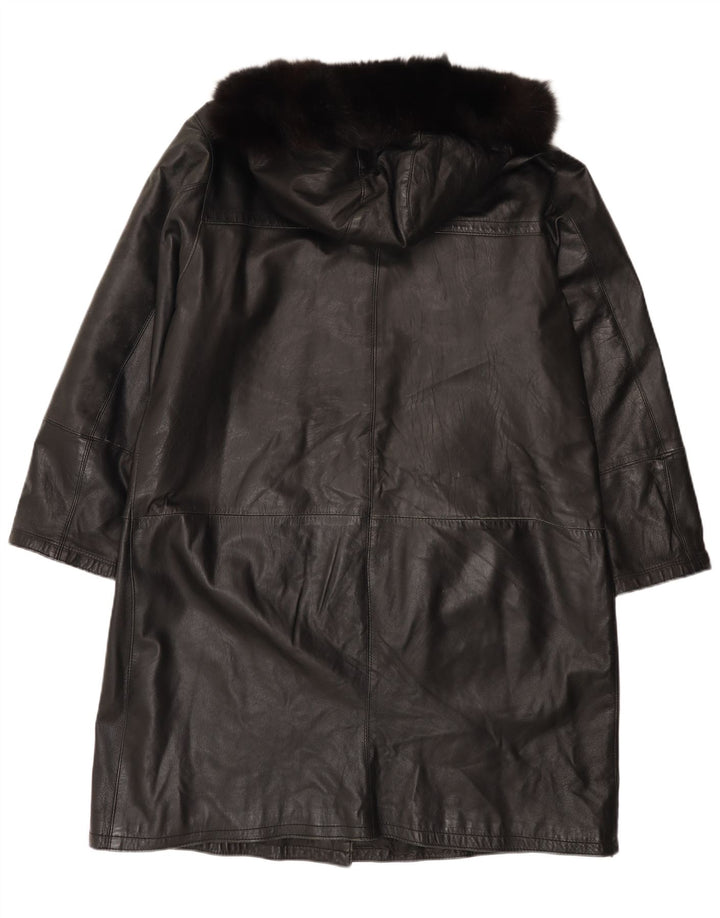 Vintage Damen Ledermantel mit Kapuze IT 48 XL Schwarz