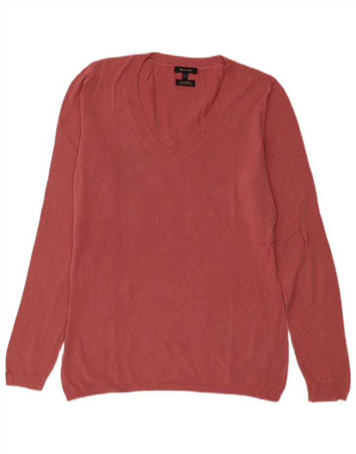 Massimo Dutti Damen-Pullover mit V-Ausschnitt, UK 14, mittelrosa, Baumwolle