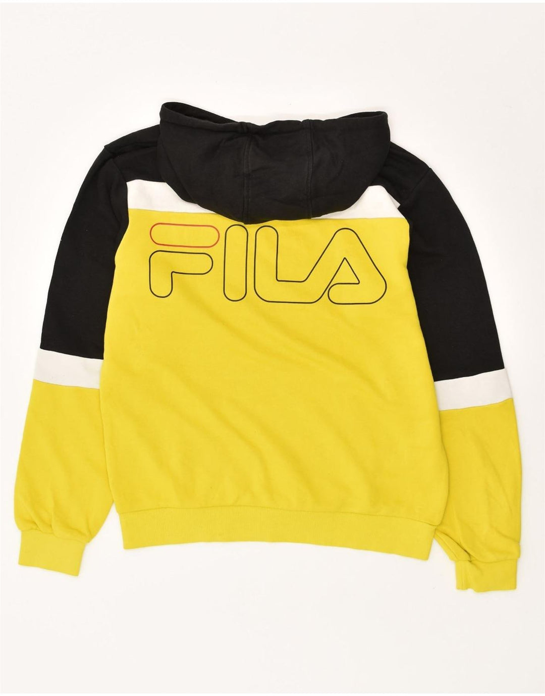 FILA Mens Graphic Hoodie Jumper Small Yellow Colourblock Cotton | Vintage Fila | Thrift | Second-Hand Fila | Used Clothing | Messina Hembry 
