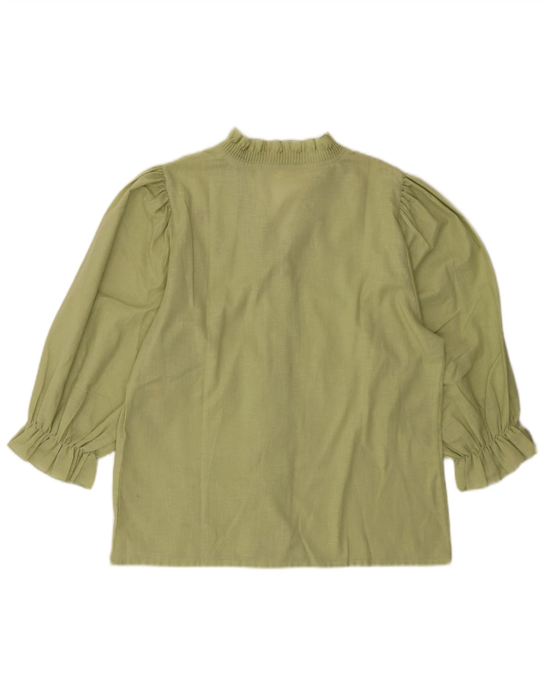 Vintage Damen Bluse mit 3/4-Ärmeln und Rüschen vorne, EU 40, mittleres Khaki-Herz