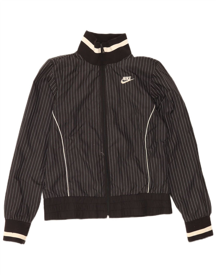 Nike Damen-Trainingsanzug-Top-Jacke UK 10/12 Mittelschwarzes Nadelstreifen-Polyester