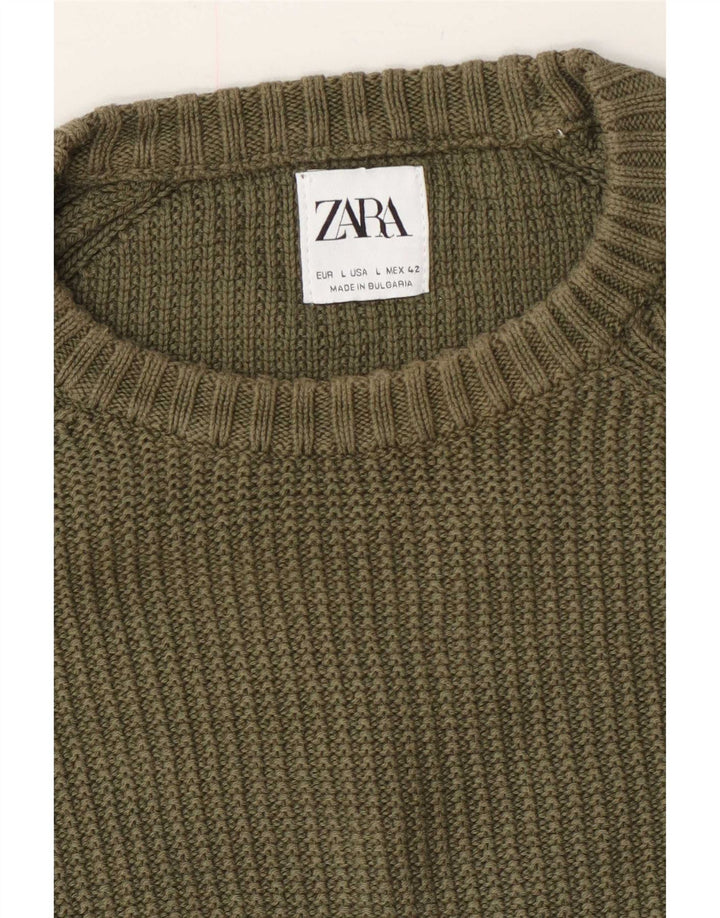 Zara Herren-Pullover mit Rundhalsausschnitt, groß, Khaki