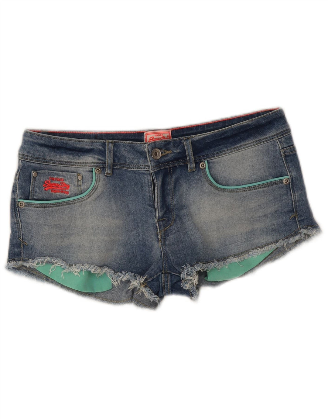 Superdry Damen Denim-Hotpants mit niedriger Taille, W30, mittelblaue Baumwolle