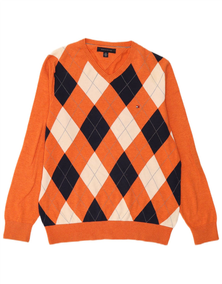 Tommy Hilfiger Herren-Pullover mit V-Ausschnitt, mittelorange Argyle/Diamant