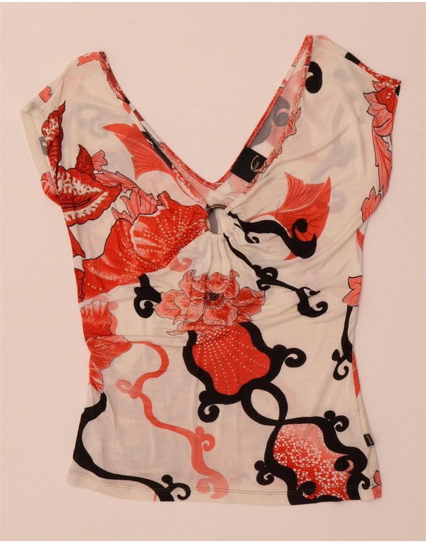 Just Cavalli Damen-Blusenoberteil, Gr. 44, groß, gebrochenes Weiß, Blumenmuster, Elastan