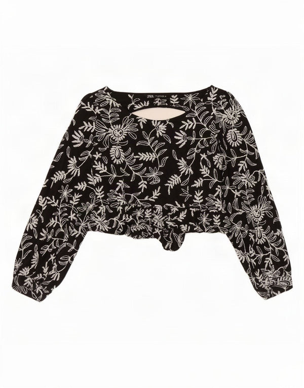Zara Damen Langarm-Crop-Top UK 12 Mittelschwarze geblümte Baumwolle