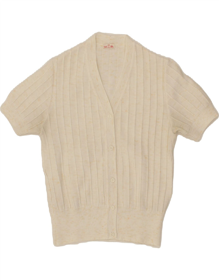 VINTAGE Womens Short Sleeve Cardigan Sweater IT 46 Large Beige Polyester Vintage Vintage and Second-Hand Vintage from Messina Hembry 