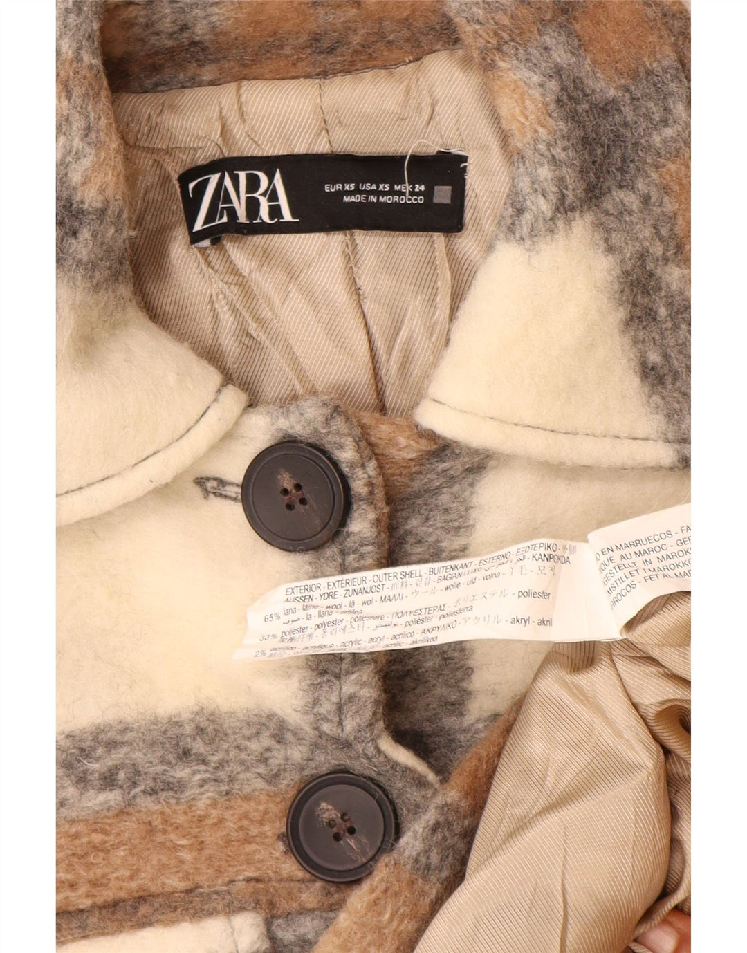 Zara Damen Shacket Übergroße Jacke UK 6 XS Beige karierte Wolle
