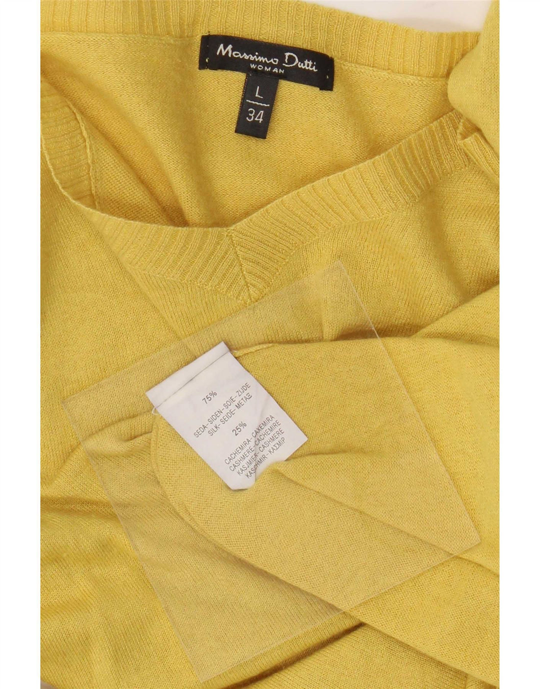 Massimo Dutti Damen-Pullover mit V-Ausschnitt, UK 14, Größe L, gelbe Seide