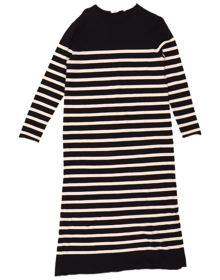Zara Damen Langarm-Maxikleid UK 14 Medium Schwarz gestreift