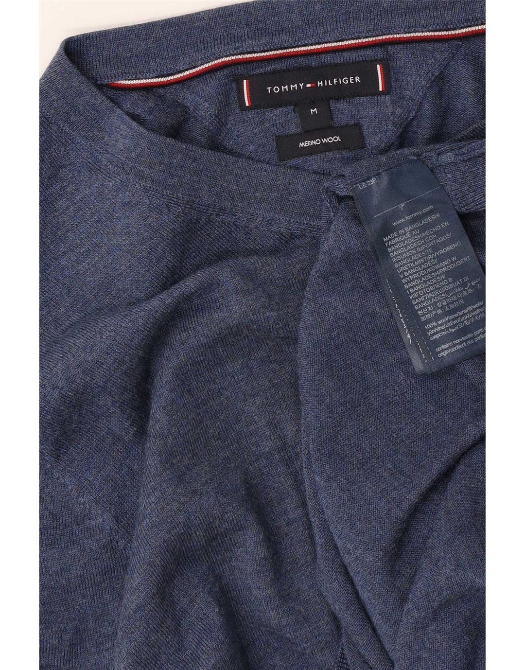 Tommy Hilfiger Herren-Pullover mit V-Ausschnitt aus mittelblauer Merinowolle