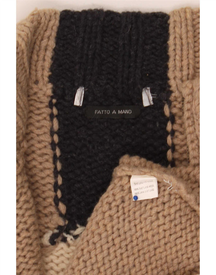 Fatto a Mano Herren-Cardigan mit durchgehendem Reißverschluss, groß, beige, Colourblock-Wolle