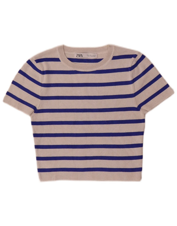 Zara Damen Pullover mit bauchfreiem U-Boot-Ausschnitt, Gr. 12, mittelweiß gestreift