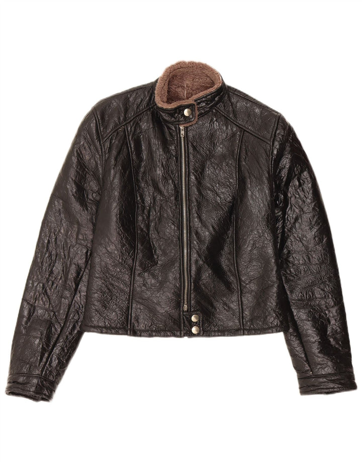 Vintage Damen Shearling Jacke UK 14 Mittelschwarzes Leder