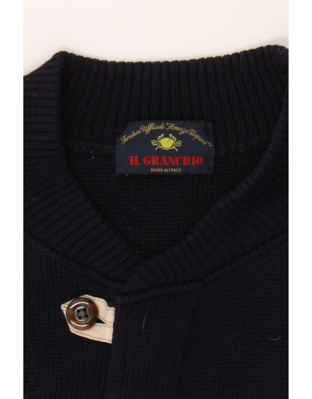 IL GRANCHIO Mens Cardigan Sweater Medium Navy Blue Colourblock Wool Vintage Il Granchio and Second-Hand Il Granchio from Messina Hembry 