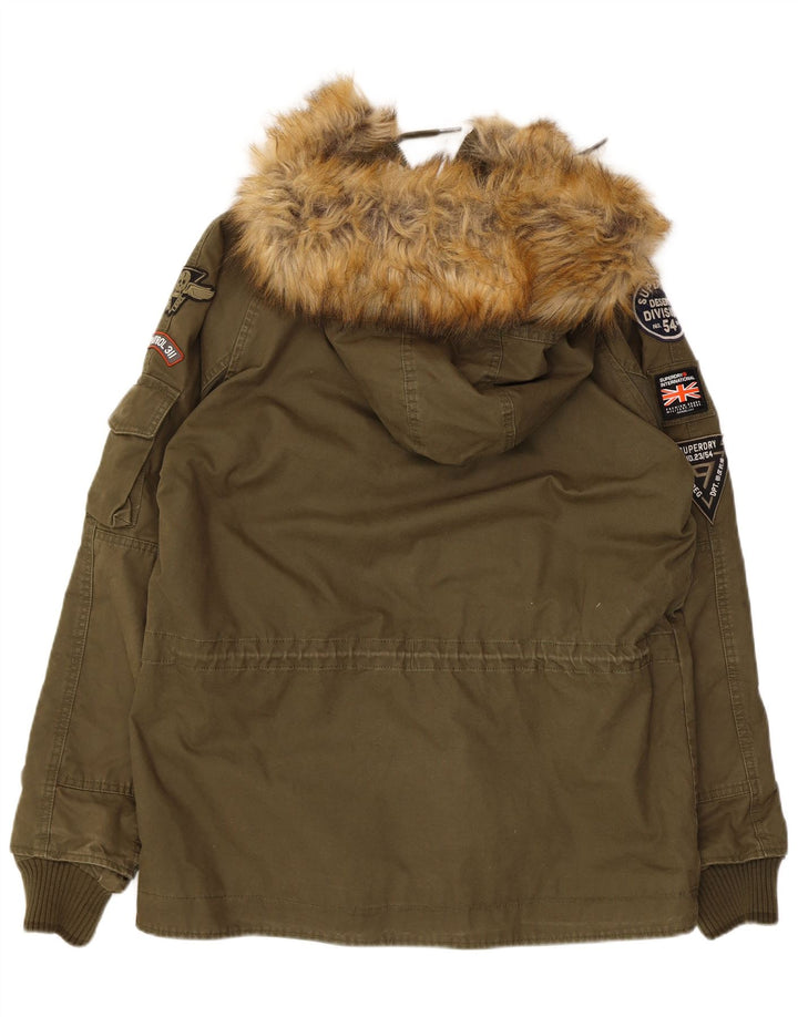 Superdry Herren-Parka mit Kapuze, UK 38, mittlere Khaki-Baumwolle