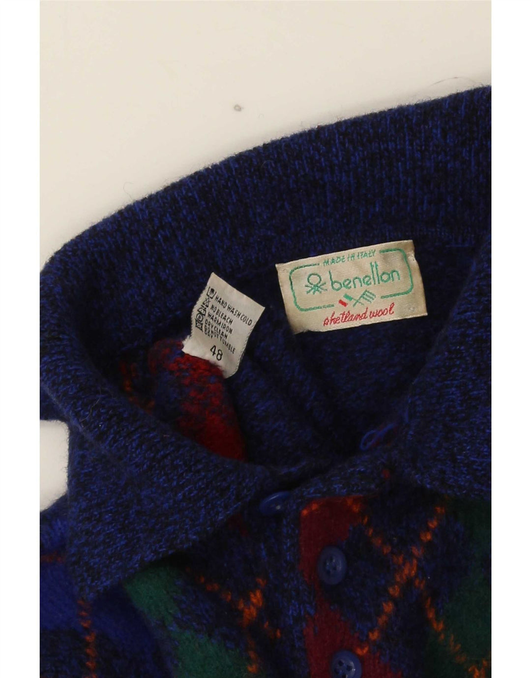 Benetton Herren-Pullover mit Polokragen, IT 48, kleine blaue Argyle-/Diamantwolle