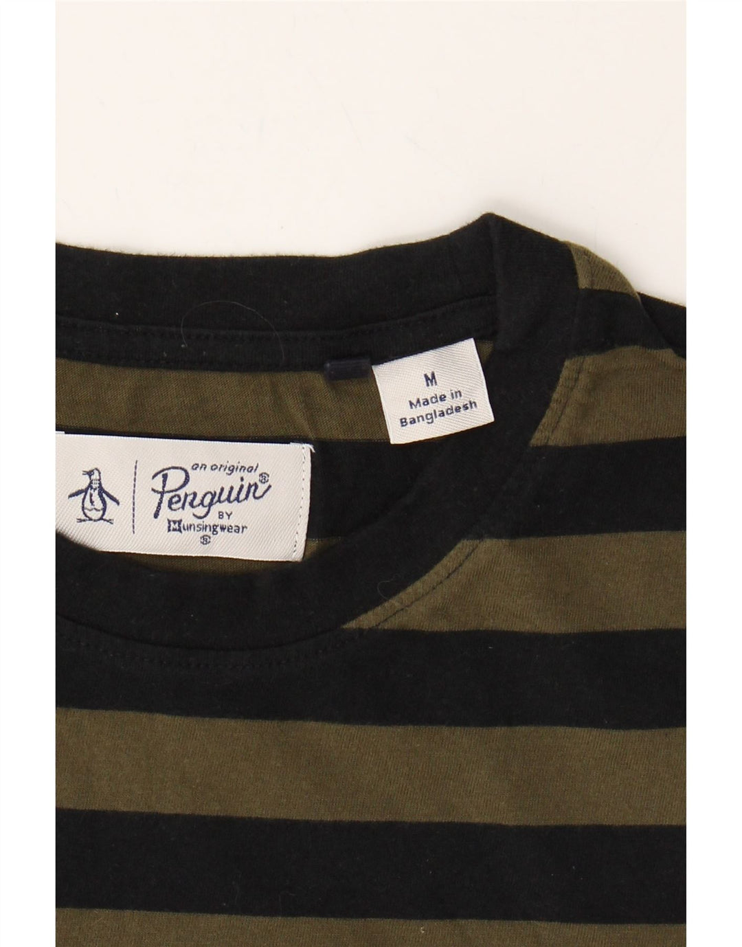 PENGUIN Mens T-Shirt Top Medium Khaki Striped Cotton Vintage Penguin and Second-Hand Penguin from Messina Hembry 