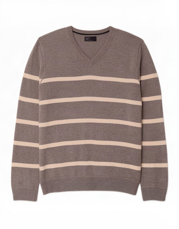 Gap Herren-Pullover mit V-Ausschnitt, XL, grau gestreift, Baumwolle