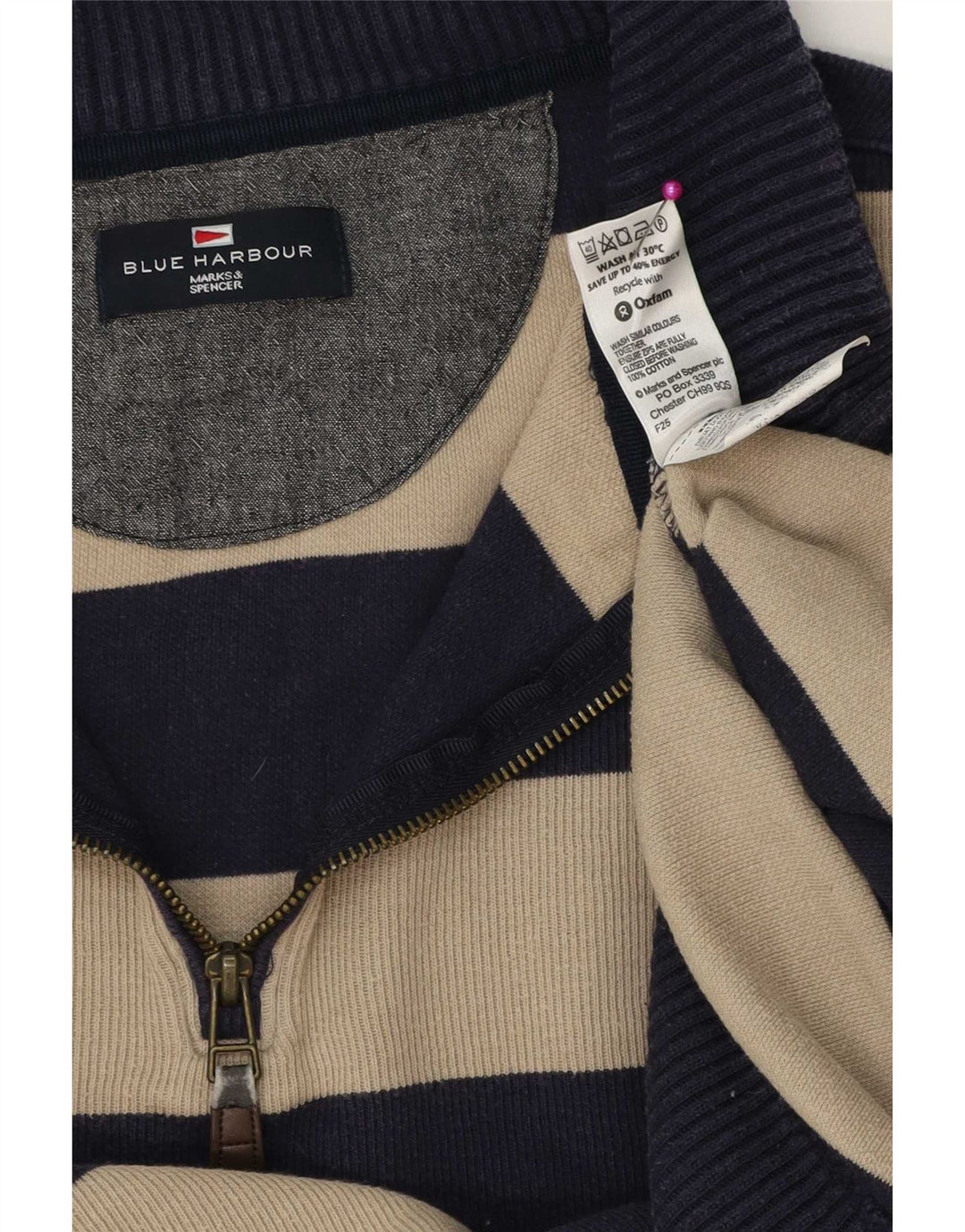 Marks & Spencer Herren-Pullover mit Reißverschluss am Hals, groß, marineblau, gestreift, Baumwolle