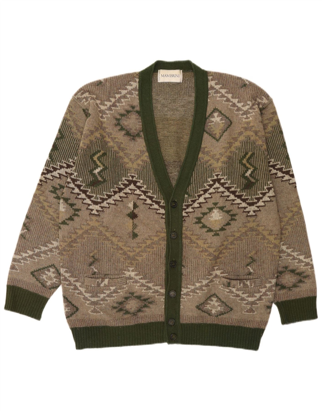 Vintage Herren Cardigan Pullover Große grüne geometrische Wolle