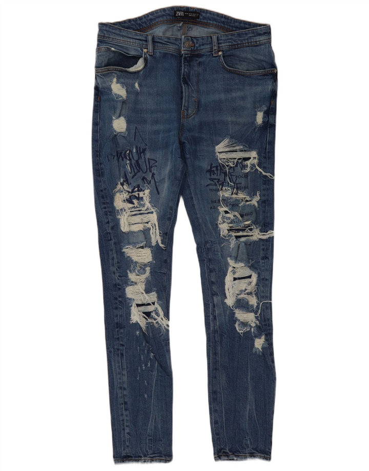 ZARA Herren Graphic Distressed Slim Jeans EU 44 Large W34 L30 Blau