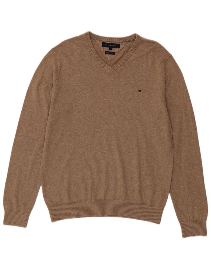 TOMMY HILFIGER Herren-Pullover mit V-Ausschnitt aus mittelbeiger Baumwolle