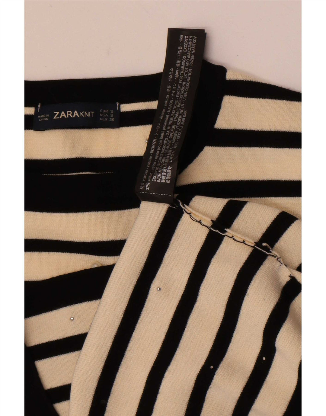 Zara Damen Crop Bluse Top UK 10 Small Off White Gestreifte Viskose