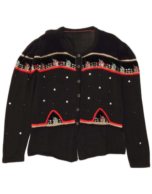 Vintage Damen Grafischer Cardigan Pullover UK 14 Große schwarze Baumwolle