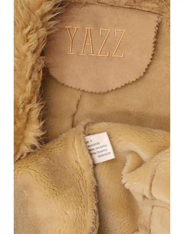 Vintage Damen offene Sherpa-Jacke UK 14 Large Beige Polyester