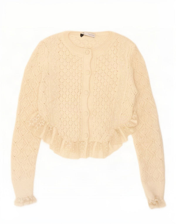 Zara Damen Crop Cardigan Pullover UK 10 Small Off White Floral Polyester