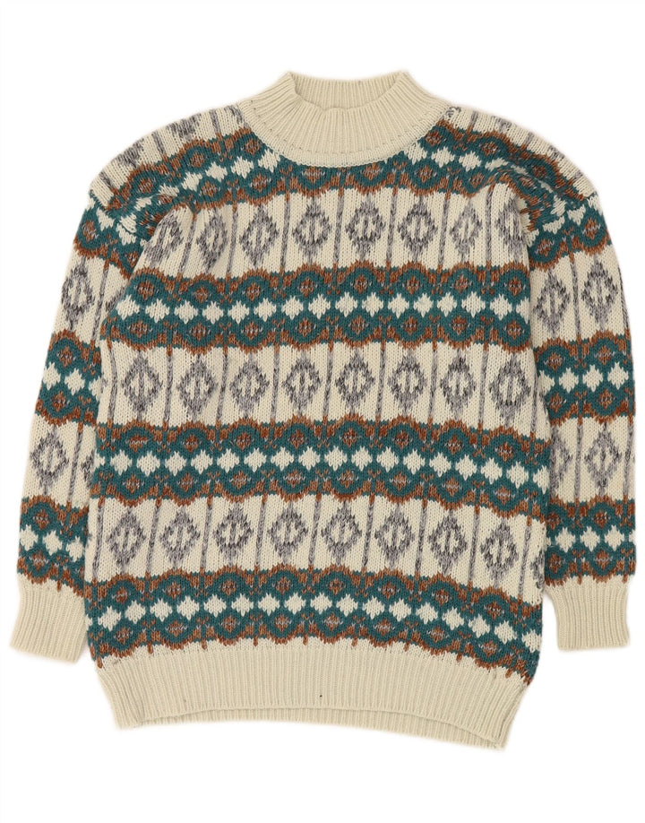 VINTAGE Herren Rollkragenpullover Pullover Mittelweiß Fair Isle