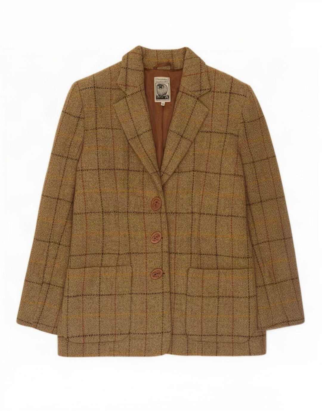 Harris Tweed Damen-Blazerjacke mit 3 Knöpfen, UK 12, mittelbraun karierte Wolle