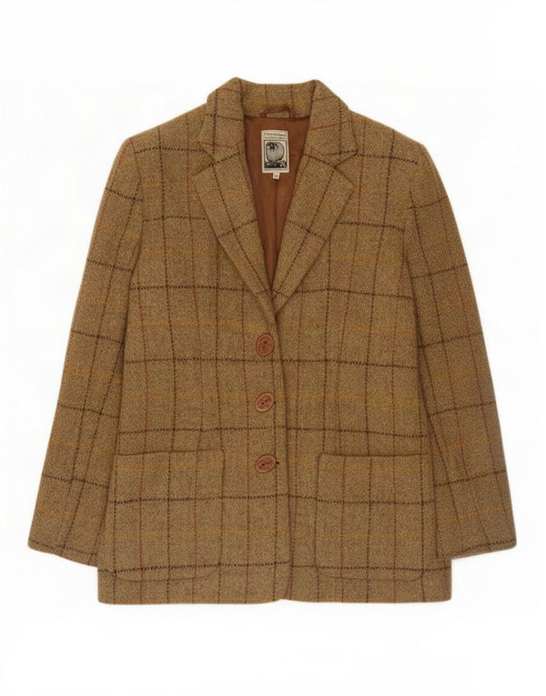 Harris Tweed Damen-Blazerjacke mit 3 Knöpfen, UK 12, mittelbraun karierte Wolle
