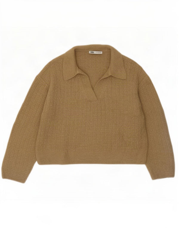 Zara Damen Loose Fit Crop Polo Neck Pullover Pullover UK 14 Medium Khaki