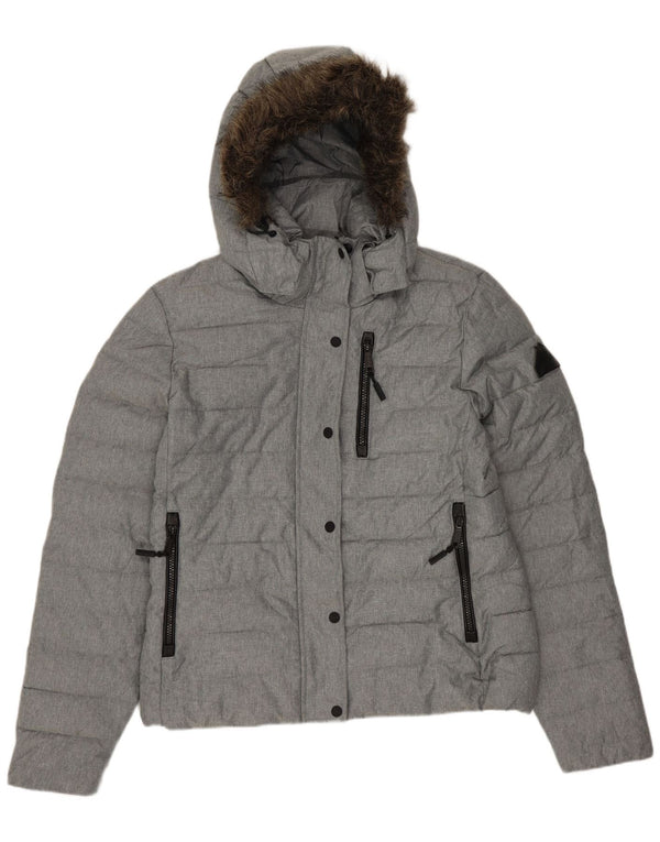 SUPERDRY Wattierte Damenjacke mit Kapuze, UK 14, Größe L, Grau, Polyester