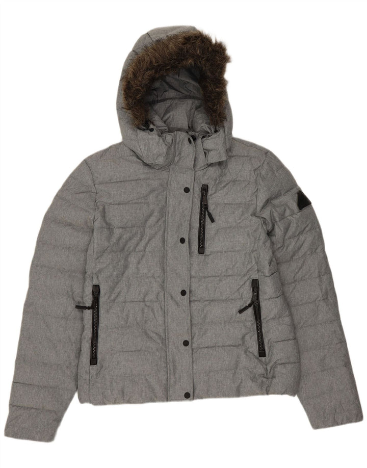 SUPERDRY Wattierte Damenjacke mit Kapuze, UK 14, Größe L, Grau, Polyester