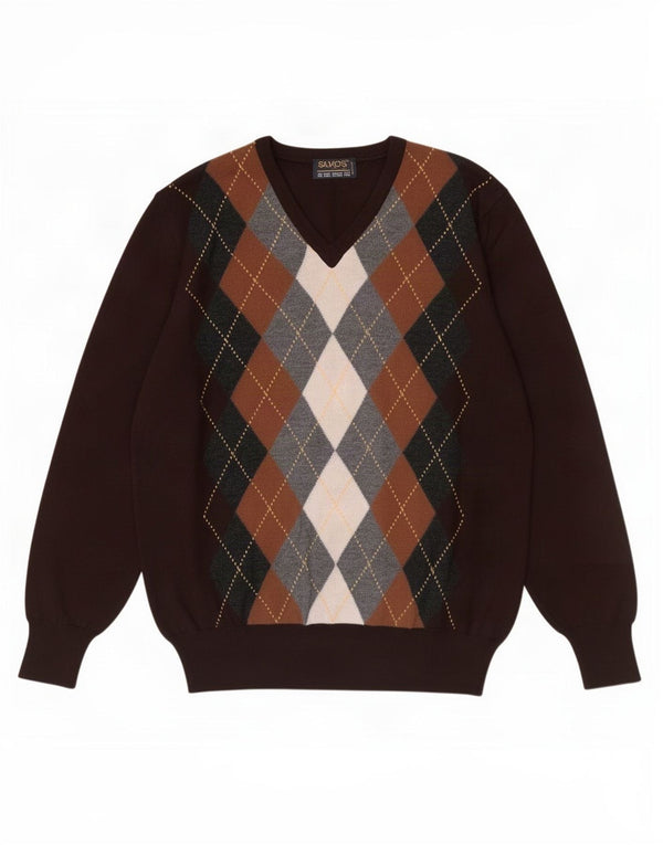 Vintage Herren Pullover mit V-Ausschnitt IT 48 Mittelbraun Argyle/Diamant