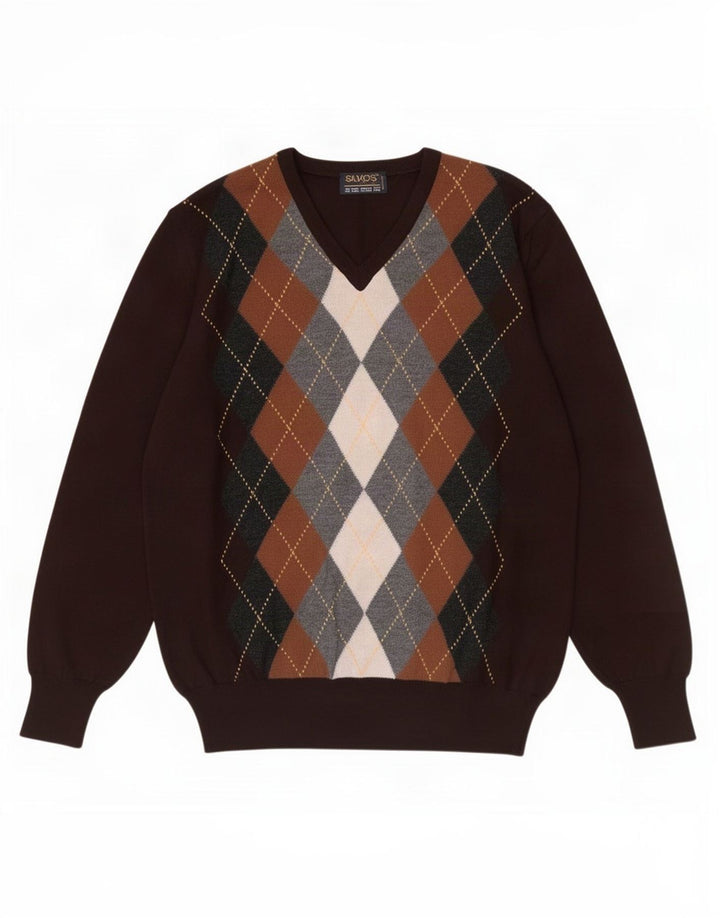 Vintage Herren Pullover mit V-Ausschnitt IT 48 Mittelbraun Argyle/Diamant